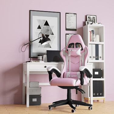 Ігровий крісло Bigzzia Ergonomiczne - ігровий сідло з подушкою для попереку та підголівником, 90-135° спинка, ігровий стілець для ПК, геймерський стілець для дорослих, дівчаток та хлопців, рожево-білий