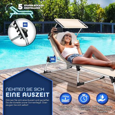 Сонячне ліжко Tillvex® з дахом та подушкою для голови | Садова лежанка, розкладний лежак | Пляжний лежак з регульованою спинкою | Алюмінієве ліжко (Basic, Бежевий)