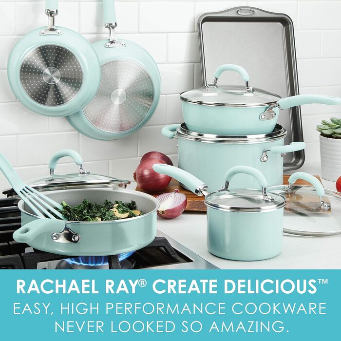 Набір кухонних каструль та сковорідок Rachael Ray Create Delicious Antihaft, 13 предметів, сірий/блакитний