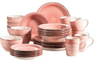 Набір вінтажного посуду MSER 931615 Bel Tempo II з 30 предметів на 6 осіб, керамічний комбінований сервіз ручного розпису в рожевому кольорі, Стейнгу