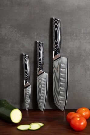 Набір кухонних ножів Wolfblood PRO 3 шт. Дамаск XL (31, 23, 19 см) з нержавіючої сталі 67 шарів, з дерев'яною ручкою, подарункова коробка та захист леза. Перевірено TÜV, твердість 62 HRC