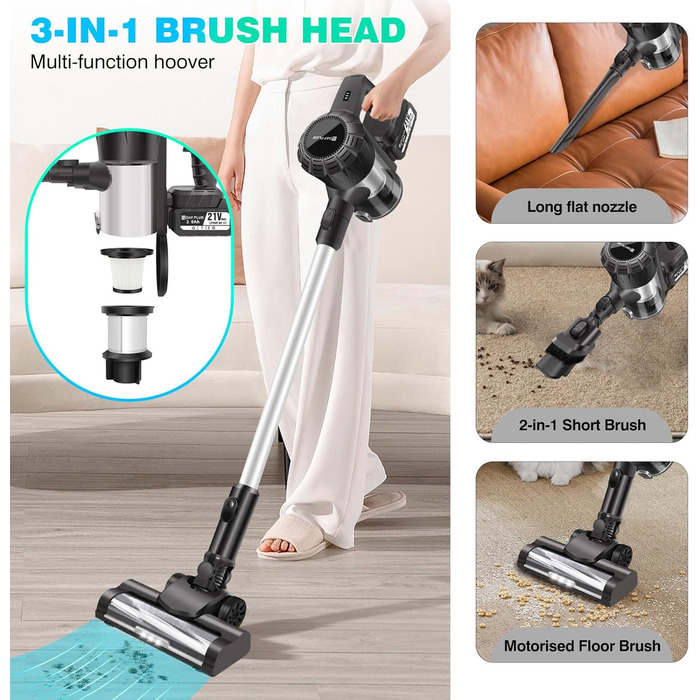 Акумуляторний пилосос 10-15Kpa з 2 режимами, 2 x 3000mAh акумулятори, 140W, LED-щітка, 2-в-1, довга насадка, ручний пилосос з 2 акумуляторами