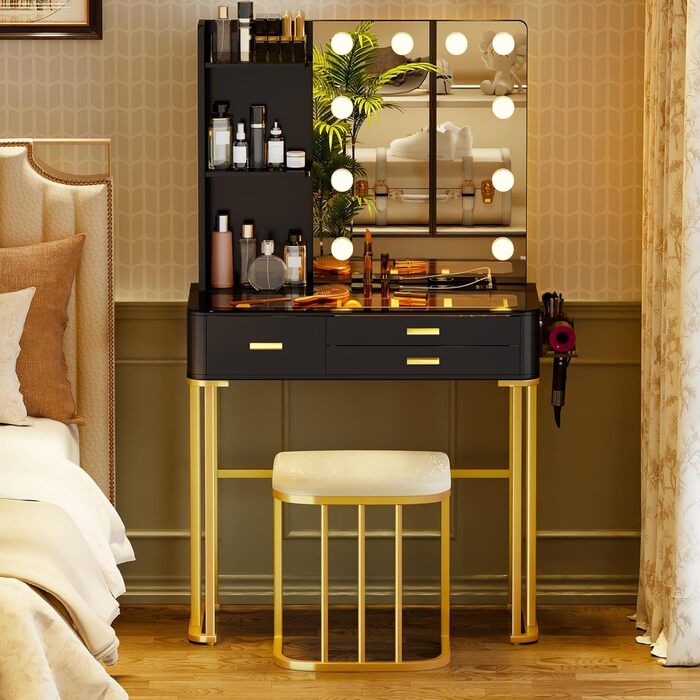 Трюмо Lvifur з дзеркалом у стилі Голлівуд, 10 регульованих лампочок, пуф, ящик, станція зарядки, USB-порт, чорний колір