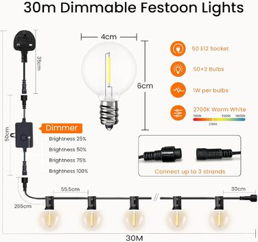 Світлодіодна гірлянда для вулиці Lichterkette 60м, G40 LED, диммування, водонепроникність IP45, 104 пластикові лампочки, 2700K тепле біле світло, для декору саду, тераси, вечірки (2x30м, з пультом)