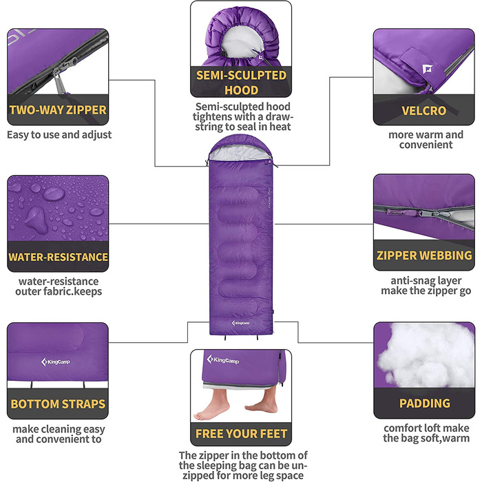 Спальний мішок KingCamp, ковдра, спальні мішки, легкі теплі спальні мішки для дітей і дорослих на відкритому повітрі, для кемпінгу, походів, 3-4 сезони, з сумкою для перенесення (фіолетова L-подібна Застібка-блискавка)