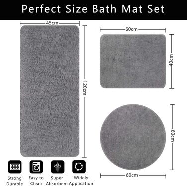 Комплект килимків для ванної кімнати Famibay: неслизькі, м'які, швидковисихаючі, сірого кольору. 3 шт. (40x60 + 45x120 + 60x60 см)
