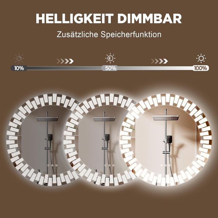 Дзеркало для ванної кімнати YOLEO з підсвічуванням, 70 см, LED, Bluetooth, сенсорне керування, захисне скло, 3 кольори світла