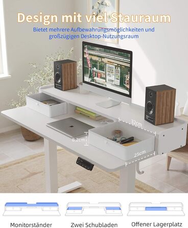 Електричний стіл YIHAYO з висувними ящиками та підставкою для монітора 120x60 см, з функцією пам'яті, Natural White, білий каркас/поверхня