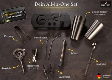 Набір для коктейлів з нержавіючої сталі 11 предметів – набір Boston Cocktail Shaker 825мл з підставкою та аксесуарами для бару, набір для бармена, набір для приготування коктейлів, барний набір, Boston Shaker, чорний металік