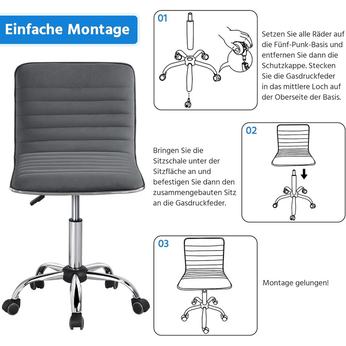 Офісне крісло Yaheetech без підлокітників, ергономічне, з регулюванням висоти, поворотне на 360°, з м'якою оббивкою з велюру, сірого кольору