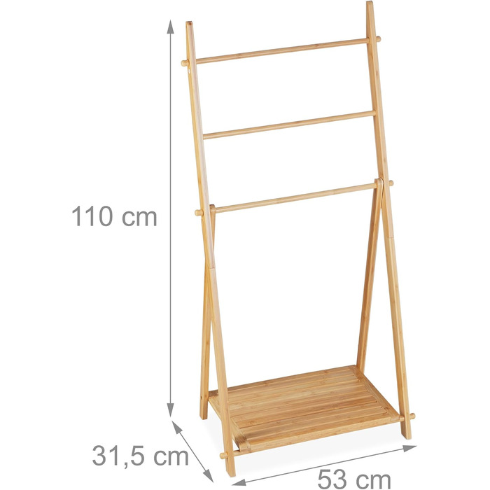 Драбина для рушників бамбук, 3 стовпи, 1 полиця, складна, 110x53x31.5 см, стояча рушникосушка, натуральна