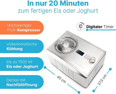 Машина для приготування морозива та йогурту ProfiCook® ICM 1091 N з нержавіючої сталі | Морозиво за 20 хвилин | Об'єм до 1500 мл | З компресором | Для морозива та замороженого йогурту | В комплекті рецепти, шпатель для морозива та мірний стакан | Нова мод
