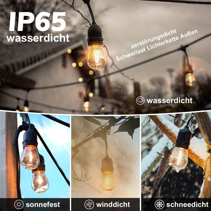 LED гірлянда Achin 15M для зовнішнього використання, тепле біле світло 2700K, 25+2 лампочки G40 E12, диммування, для саду, вечірки, тераси