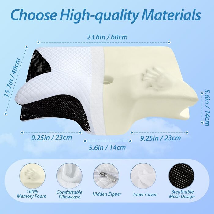 Ортопедична подушка HOMCA 2 в 1 з Memory Foam для сну на спині, боці та животі, 60x40x12/14 см, чорна