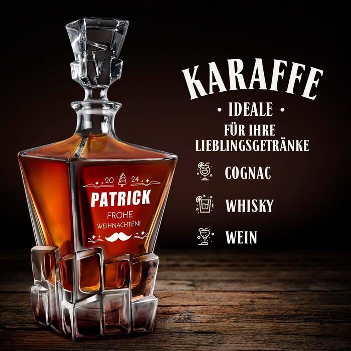 Мавертон Карафа для віскі 950 мл + Набір з 6 склянок для віскі з гравіюванням - Декантер для віскі - Подарунок на Різдво - Люкс дизайн - Кришталеве скло - для чоловіків на день народження (борода)