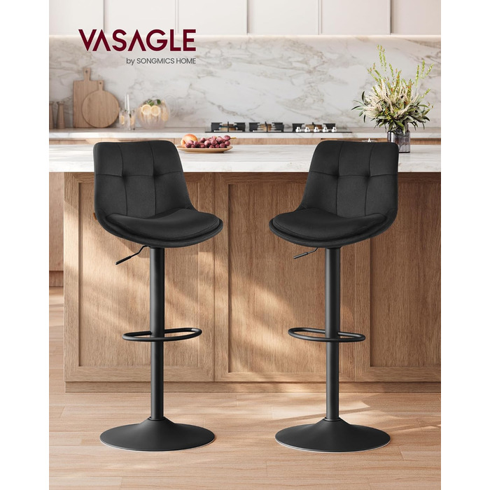 Барні стільці VASAGLE 2 шт. регульовані по висоті, обертаються, зі спинкою та підставкою для ніг, для кухні, їдальні, бару, сталь, LJB195G02 (Чорний, Велюр)
