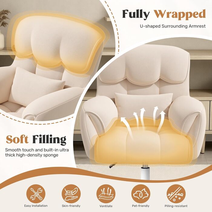 Ергономічне крісло для дому та офісу, обертове, регульоване по висоті, для робочого кабінету, спальні, бежеве