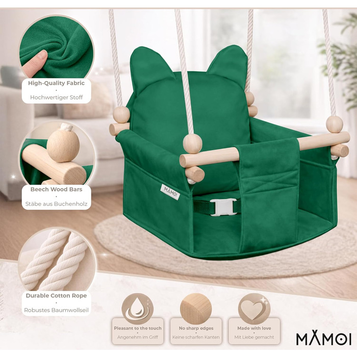 Дитяча гойдалка-колиска MAMOI з ременем безпеки, регульована висота 150-190 см, зелена. Гойдалка для дому, міцна конструкція, м'яке сидіння з велюру, легкий монтаж.