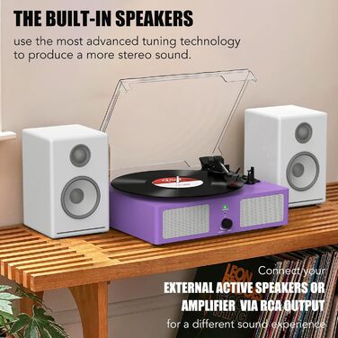 Вініловий програвач Udreamer з Bluetooth, вбудованими динаміками, пасиковим приводом, вінтажний фоноґраф на 3 швидкості, для музики та декору, фіолетовий