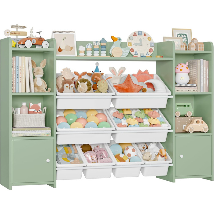 FOREHILL Регульована полиця для іграшок з 8 ящиками, дитячий шафка, книжкова полиця для дітей, меблі для дитячої кімнати з ящиком для іграшок, 138,8 x 94,3 x 29,6 см, білий (зелений)