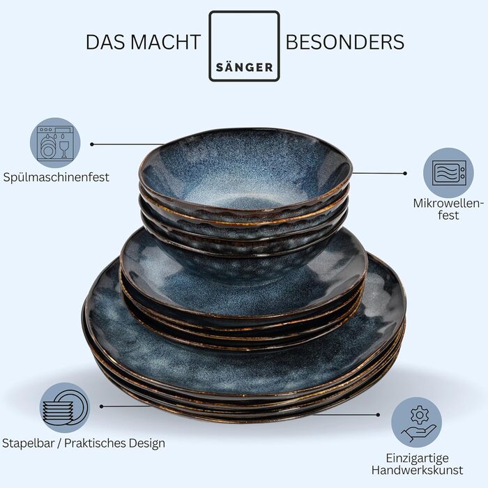 Sänger Tafelservice Tokio 24 елементи: набір посуду з 24 предметів для 8 осіб, столовий сервіз з каменю, сучасний ручної роботи, темно-синій з чорними акцентами | PREMIUM COLLECTION