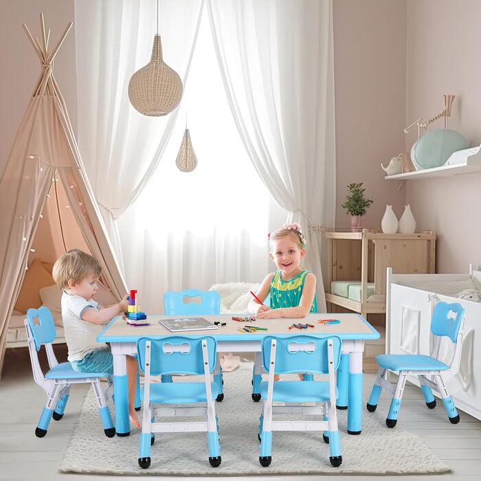 Дитячий стіл зі стільцями (6 шт.) - комплект для дитячого садка та кімнати, регульована висота, пластикові меблі, сидіння для хлопчиків та дівчаток (блакитний)