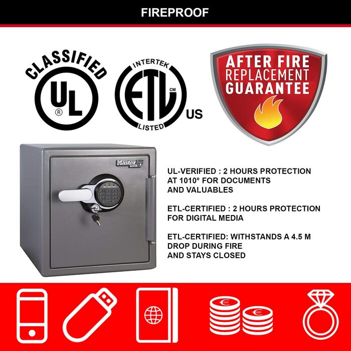 Master Lock FPW082FTCML: Вогнестійкий та водонепроникний сейф, 23л, 417x348x478 мм, цифровий код, для дому та офісу, чорний