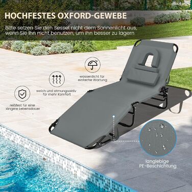 Лежак для відпочинку COSTWAY з отвором для обличчя, розкладний садовий лежак з 3 знімними подушками та 5-рівневим регулюванням спинки, лежак для пляжу, саду та басейну (сірий, окремий)