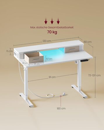 Електричний регульований стіл VASAGLE 120x60 см, білий, з підставкою для монітора, USB-роз'ємами, пам'яттю висоти