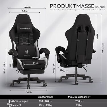 Ігровий крісло Dowinx з підголівником та підставкою для ніг, тканинне, з масажем, чорно-зелений, великий розмір