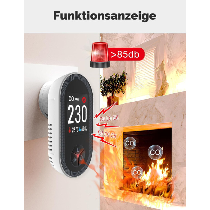 Датчик CO MOES з вилкою, 3-в-1: датчик CO, термометр та гігрометр, з акустичним сигналом, для дому та автодому, 1 шт.