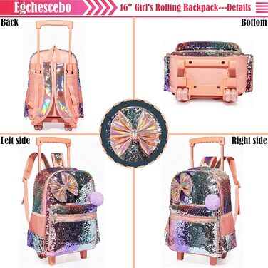 Дитячий рюкзак Egchescebo Satchel для дівчаток на колесах 17 3PCS Туристичні рюкзаки (Hudiejie-xiangbinse)