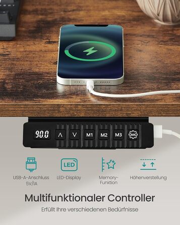 SONGMICS Регульований стіл SONGMICS Höhenverstellbarer Schreibtisch електричний, 160 x 70 см, з пам'яттю, vintagebraun-Mattschwarz, LSD026X01