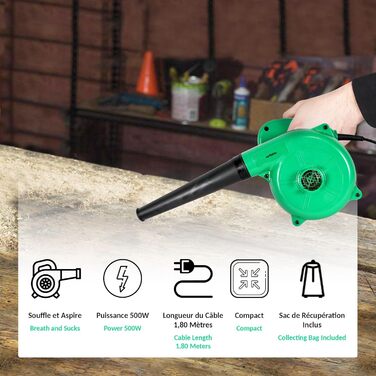 Електричний міні-листозбір Fishtec з функцією пилососа та мішком для збору листя - 500 Вт, 180 см, зелений