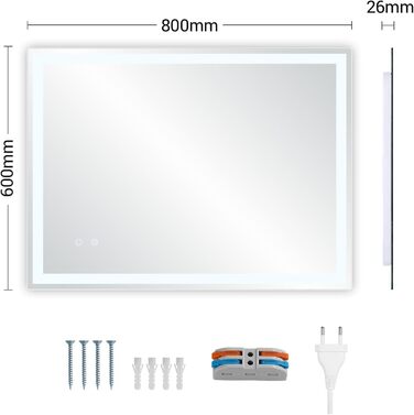 Дзеркало для ванної кімнати Clevich з підсвічуванням 80x60 см, LED, 3 кольори світла, регулювання яскравості, захист від вибуху, сенсорне управління, функція пам'яті, антизапар, 80L x 60B см