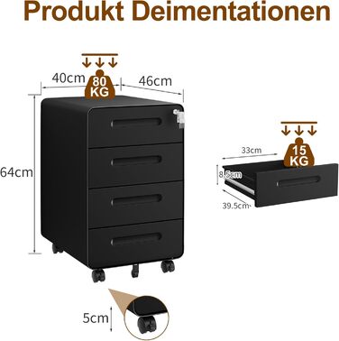 Роликовий контейнер HOMSTEEL з замком, 4 шухляди, металевий офісний шафка, чорний (46T x 40B x 64H cm)