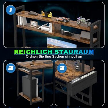 Ігровий стіл Devoko з підсвічуванням LED, 160x120 см, з розетками та USB, вінтажний коричневий. Комп'ютерний стіл з місцем для зберігання для геймерів та дому