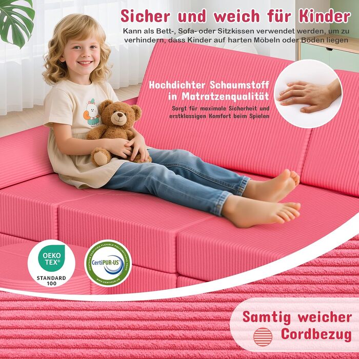 Дитяче ігрове диван-конструктор MAMIZO Cord, 15 частин, рожевий. Модульний диван-конструктор для гри та відпочинку в дитячій кімнаті. Оeko-Tex сертифікат.