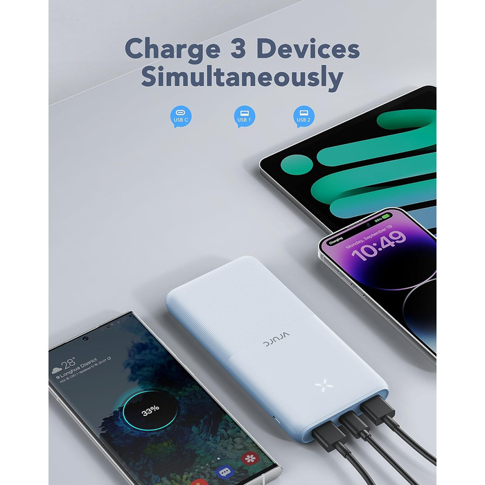 Комплект з 2 шт. , USB C, 2 USB, 2.4A, для смартфонів, iPhone, Samsung, Huawei, 10000mAh