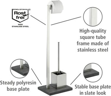 Набір для стоячого унітазу WENKO Slate-Rock, підставка для туалетного паперу та щітки, тримач туалетного рулону у вигляді сланцю, тримач рулону в комплекті зі щіткою, нержавіюча сталь, антрацит