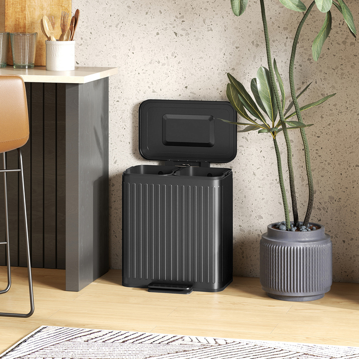 Відро для сміття з роздільними відсіками, 2 відсіки по 20 літрів, ефективне сортування сміття, з педальним механізмом, матеріал: пластик та метал, колір: чорний