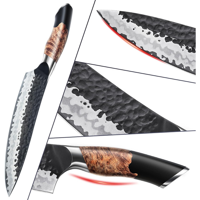 Японський ніж SHAN ZU Gyuto 20 см з 7 шарів вуглецевої сталі - професійний кухонний ніж для м'яса та овочів з акацієвим дерев'яним руків'ям