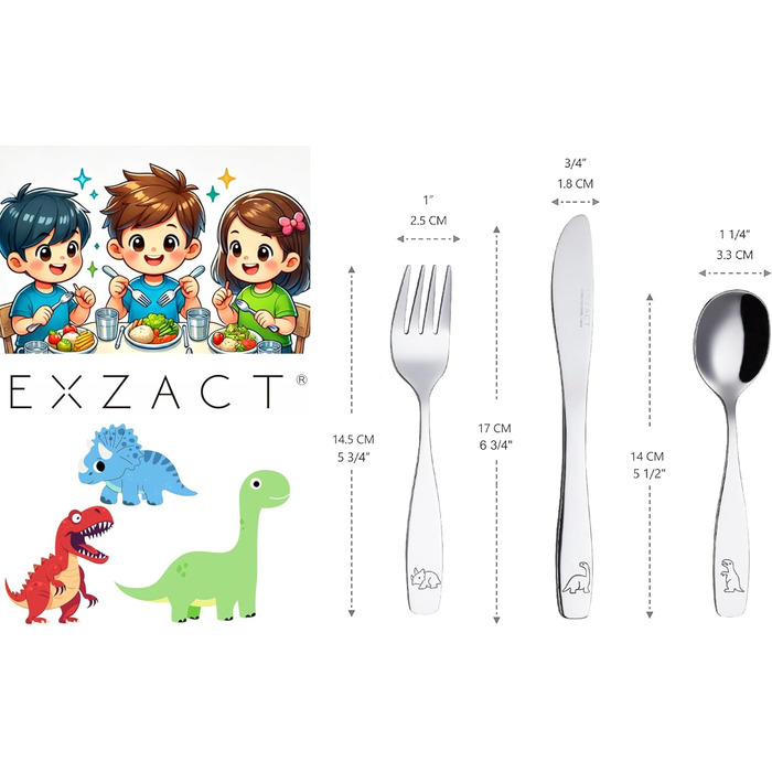 Дитячий набір столових приборів EXZACT Kinderbesteck 18 предметів з нержавіючої сталі - для дітей від 2 років - безпечні ножі, миючі в посудомийній машині, з гравіюванням (динозаври)