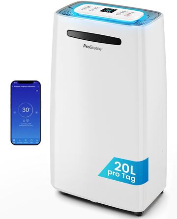Про Breeze - вологопоглинач повітря 25 л/добу, для приміщень до 30 м², 4 режими роботи, цифровий дисплей, шланг для зливу, функція сушіння білизни, таймер, захист від вологи та плісняви, керування через додаток
