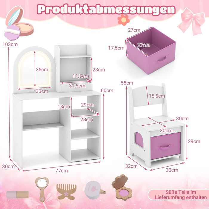 Детский туалетный столик Dreamade для девочек с LED-подсветкой, принцесовий столик для макіяжу з відкритими полицями та 5 ящиками, білий, від 3 років