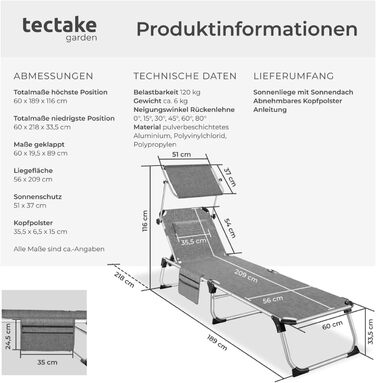 Шезлонг Tectake® з дахом, балконний шезлонг з алюмінію, складаний садовий шезлонг, стійкий до погодних умов, лежак для саду, кемпінгу та пляжу, регульована спинка, подушка для голови, бічна кишеня - сірий меланж