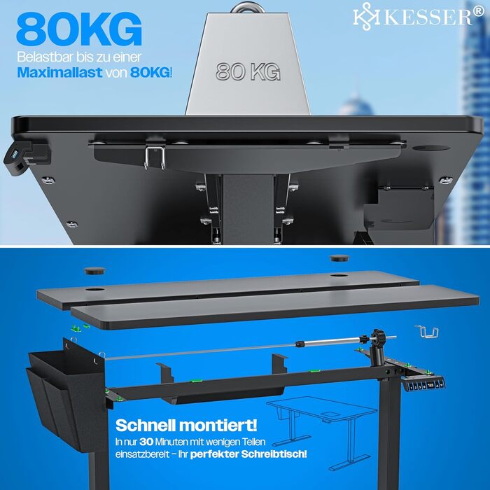 Електричний регульований стіл KESSER® 100x60 см | Ергономічний стіл для стоячи/сидячи | Пам'ять 3-х позицій | З роликами 360° та USB-портом | Чорний | Для дому та офісу