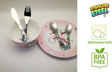 Набір столових приборів Exzact 6 шт. з нержавіючої сталі - дитячий посуд: тарілка, миска, ложка, виделка, ніж, столова ложка. Подарункова коробка (Wf712-4uni)