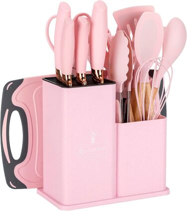 Набір кухонних ножів EliteHoff 19 предметів: 5 ножів, 12 аксесуарів, дошка та підставка – з нержавіючої сталі, з дерев'яними ручками, безпечний, для кухні, чорний (E-6072)