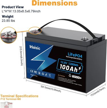 Літієва батарея LiFePO4 100Ah 12V, 10 років, 6000 циклів, 1280 Втгод, IP65, 100A BMS, для автофургонів, човнів, кемпінгу